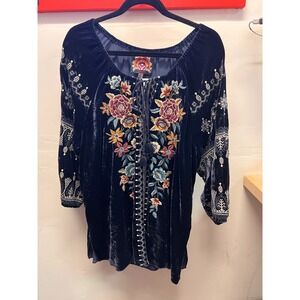 Johnny Was Dark Blue Velvet Embroidred Tie Neck BLouse